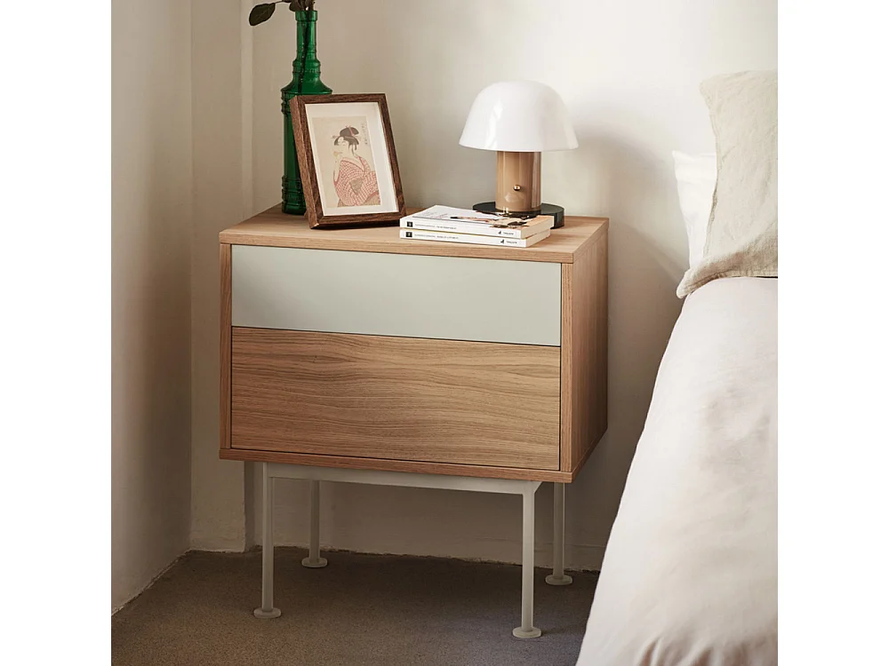 Yoko - Table de chevet 2 tiroirs en bois et métal : Couleur - Blanc