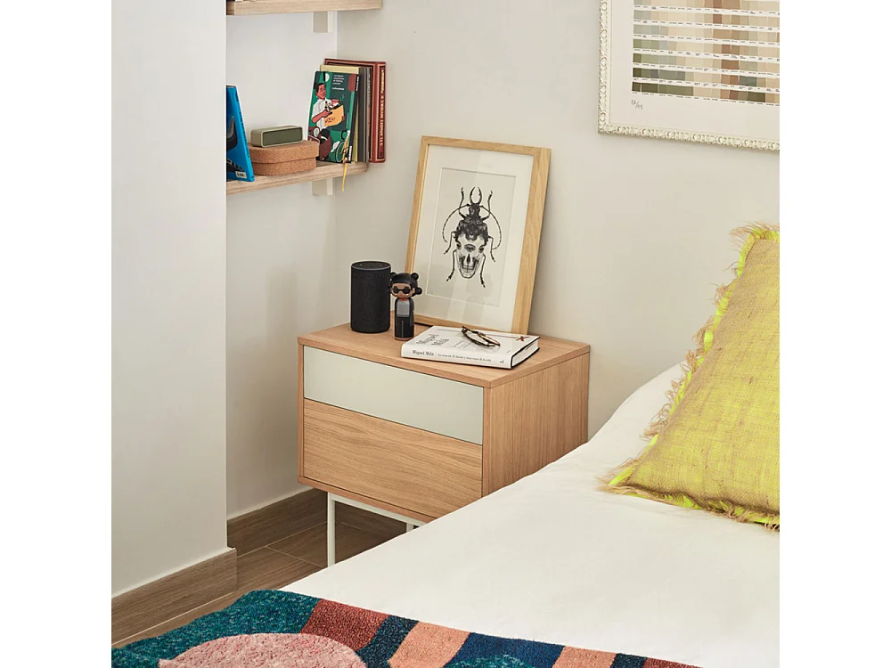 Yoko - Table de chevet 2 tiroirs en bois et métal : Couleur - Blanc