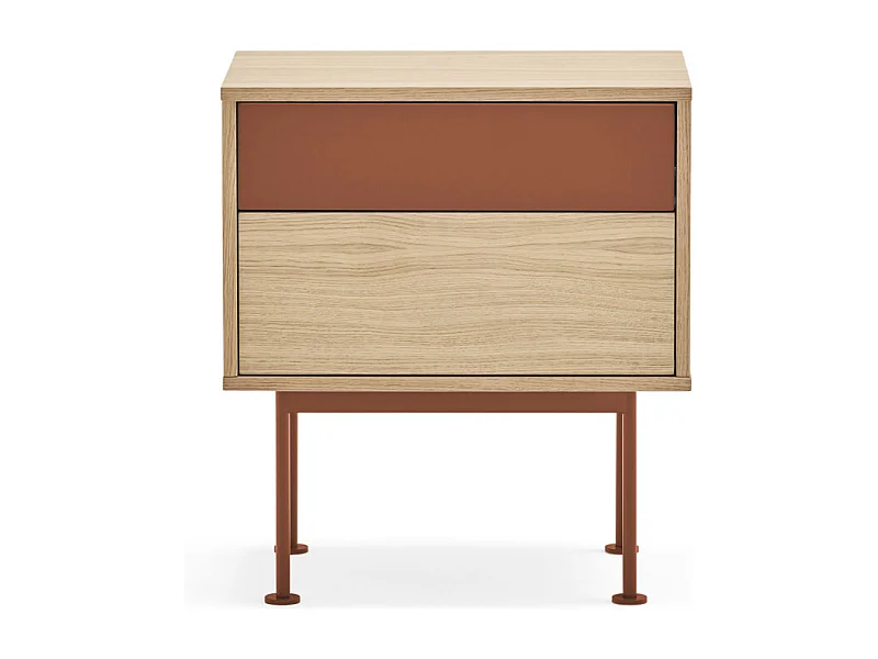 Yoko - Table de chevet 2 tiroirs en bois et métal - Rouge brique