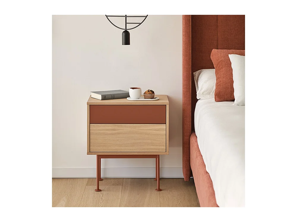 Yoko - Table de chevet 2 tiroirs en bois et métal - Rouge brique