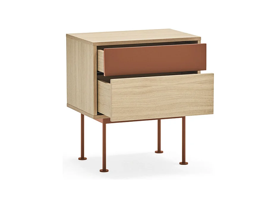 Yoko - Table de chevet 2 tiroirs en bois et métal - Rouge brique