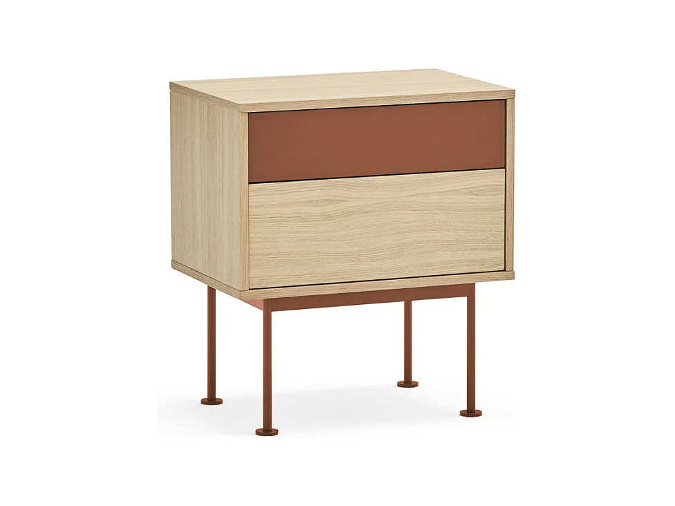 Yoko - Table de chevet 2 tiroirs en bois et métal - Rouge brique