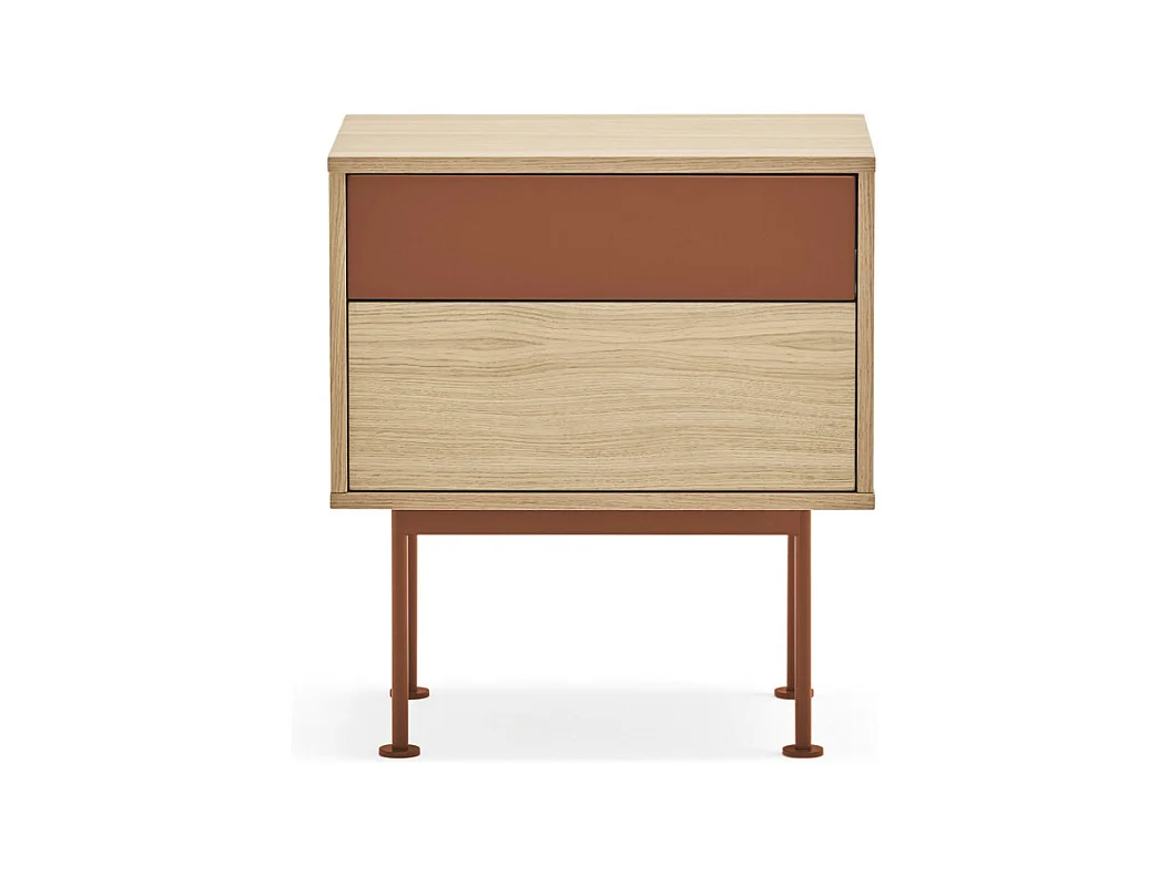 Yoko - Table de chevet 2 tiroirs en bois et métal - Rouge brique
