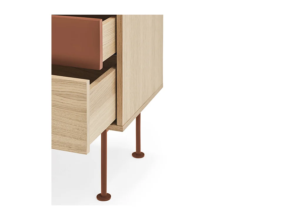 Yoko - Table de chevet 2 tiroirs en bois et métal - Rouge brique