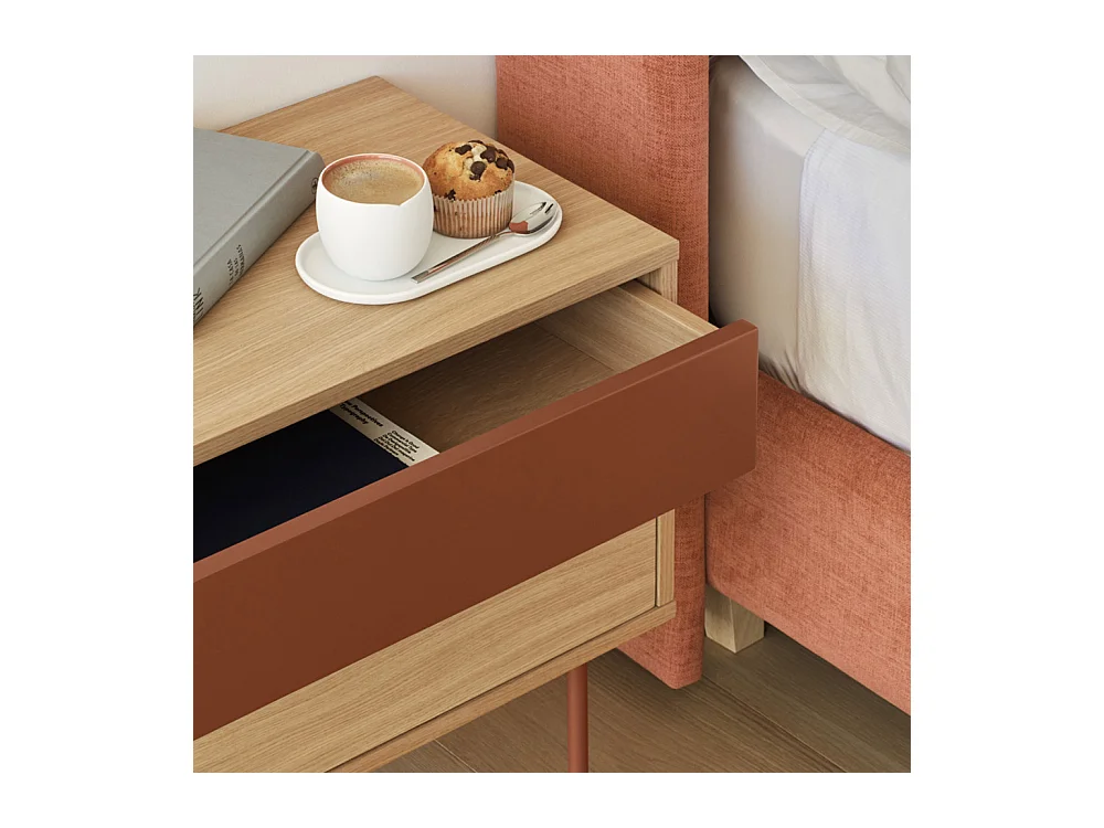 Yoko - Table de chevet 2 tiroirs en bois et métal - Rouge brique