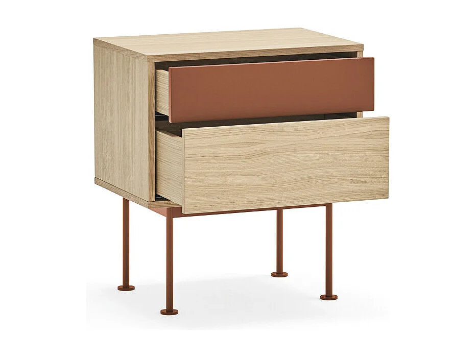 Yoko - Table de chevet 2 tiroirs en bois et métal - Rouge brique