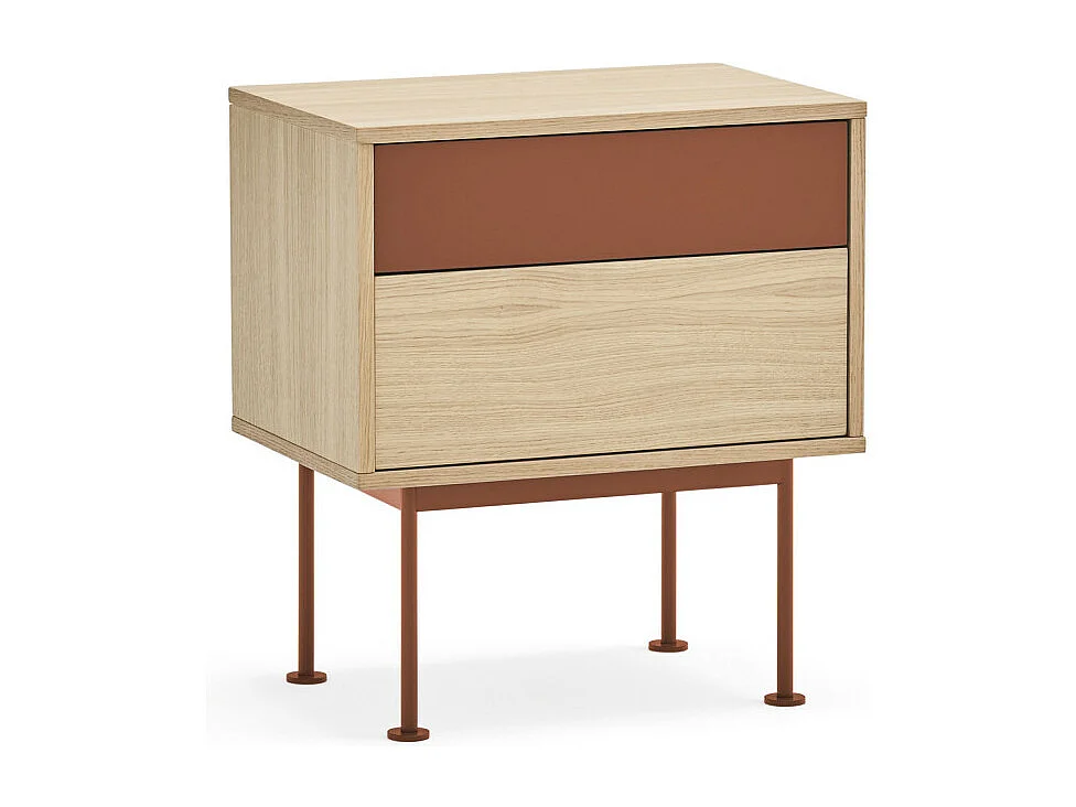 Yoko - Table de chevet 2 tiroirs en bois et métal - Rouge brique