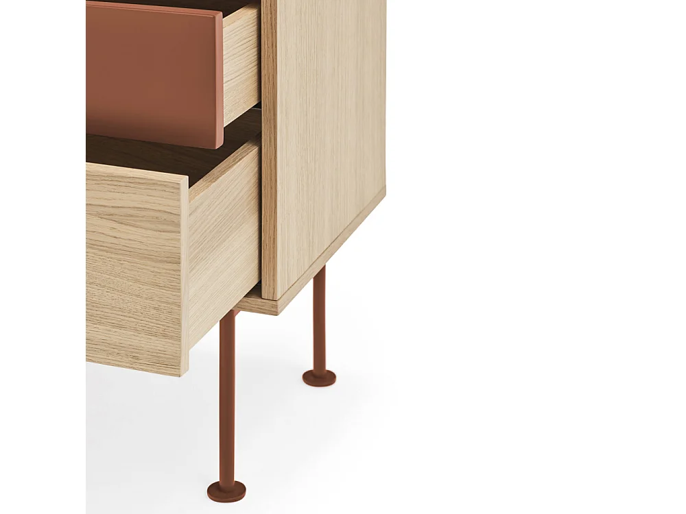 Yoko - Table de chevet 2 tiroirs en bois et métal - Rouge brique