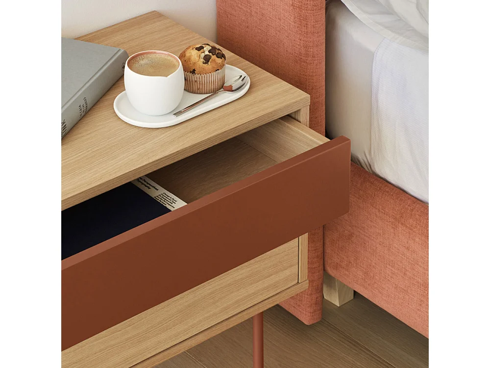 Yoko - Table de chevet 2 tiroirs en bois et métal - Rouge brique