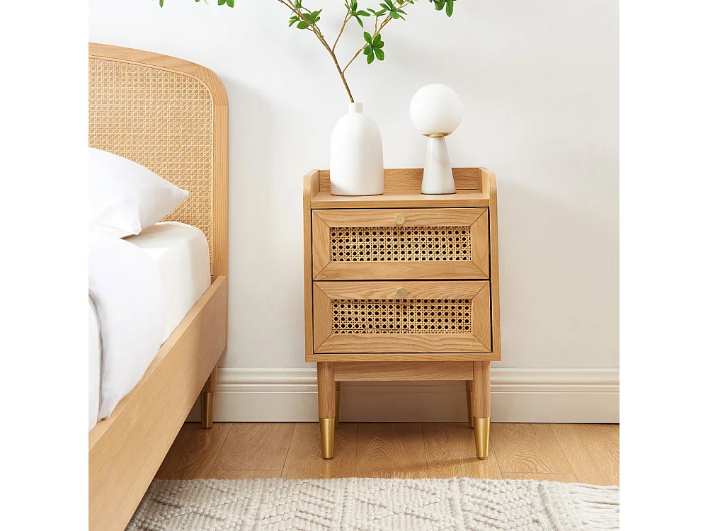 Bombong - Table de chevet 2 tiroirs en bois et cannage - Bois clair