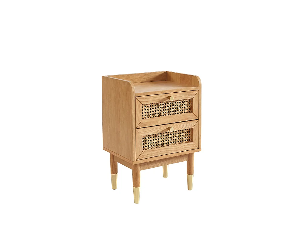 Bombong - Table de chevet 2 tiroirs en bois et cannage - Bois clair