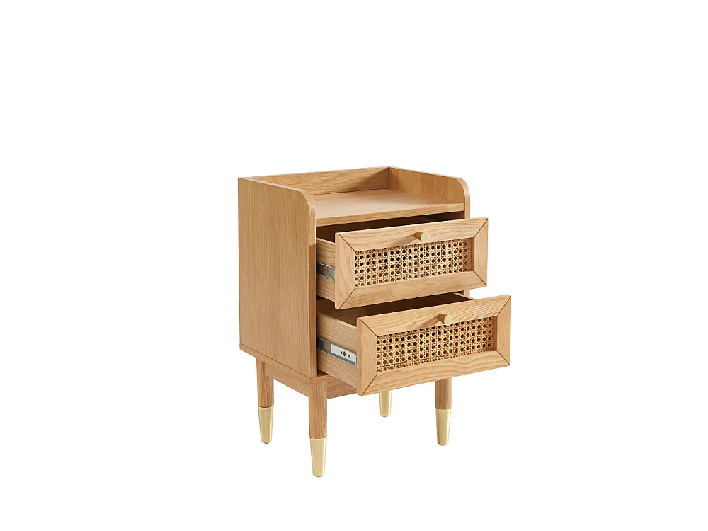 Bombong - Table de chevet 2 tiroirs en bois et cannage - Bois clair