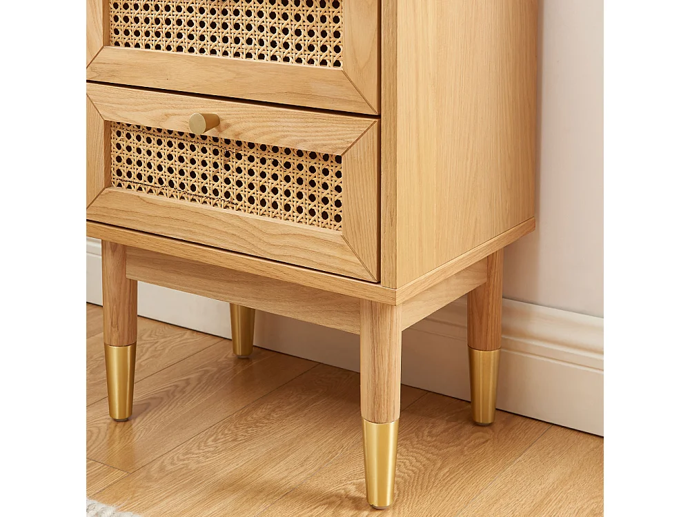 Bombong - Table de chevet 2 tiroirs en bois et cannage - Bois clair
