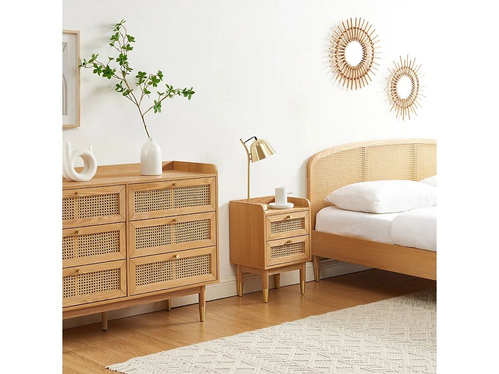 Bombong - Table de chevet 2 tiroirs en bois et cannage - Bois clair
