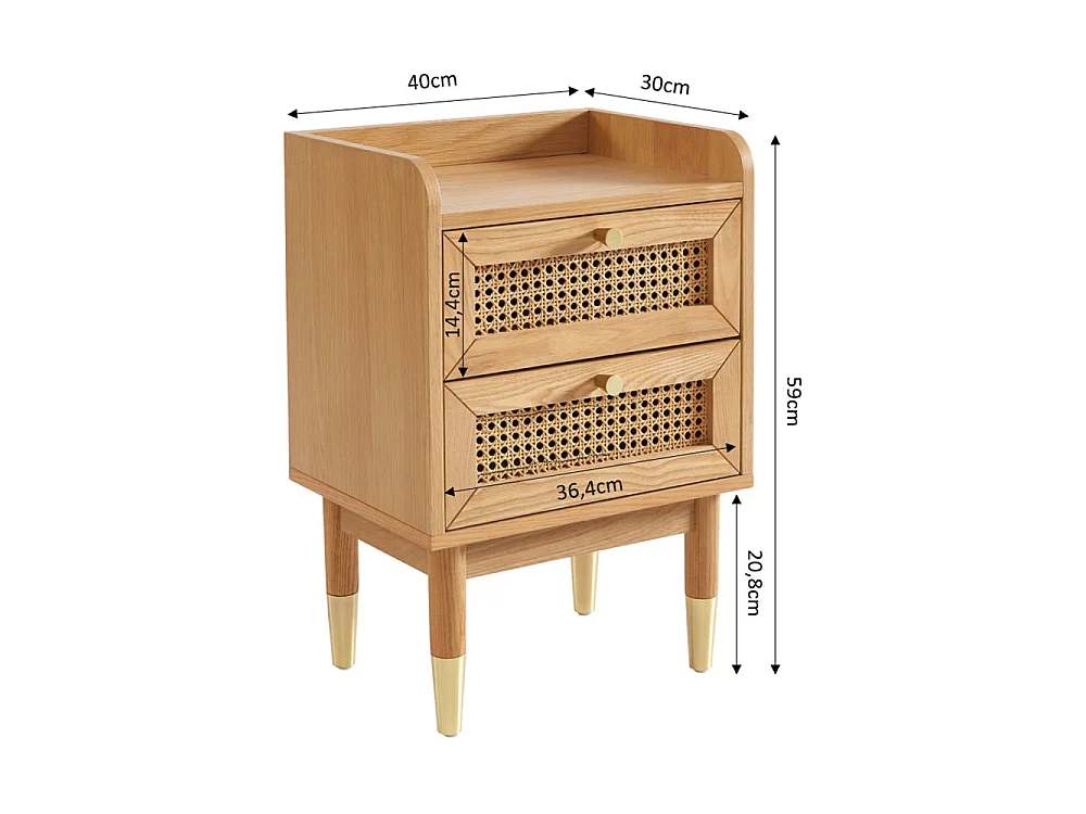 Bombong - Table de chevet 2 tiroirs en bois et cannage - Bois clair