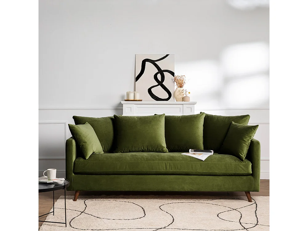 Villabon - Canapé convertible 3 places en velours pieds bois foncé - Vert olive