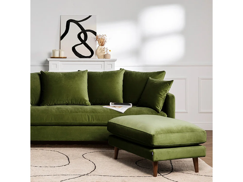 Villabon - Canapé convertible 3 places en velours pieds bois foncé - Vert olive