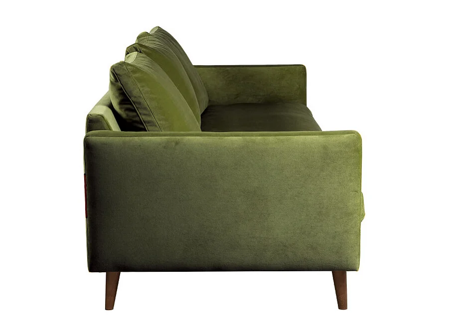 Villabon - Canapé convertible 3 places en velours pieds bois foncé - Vert olive