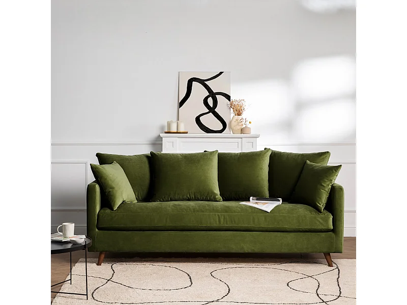 Villabon - Canapé convertible 3 places en velours pieds bois foncé - Vert olive