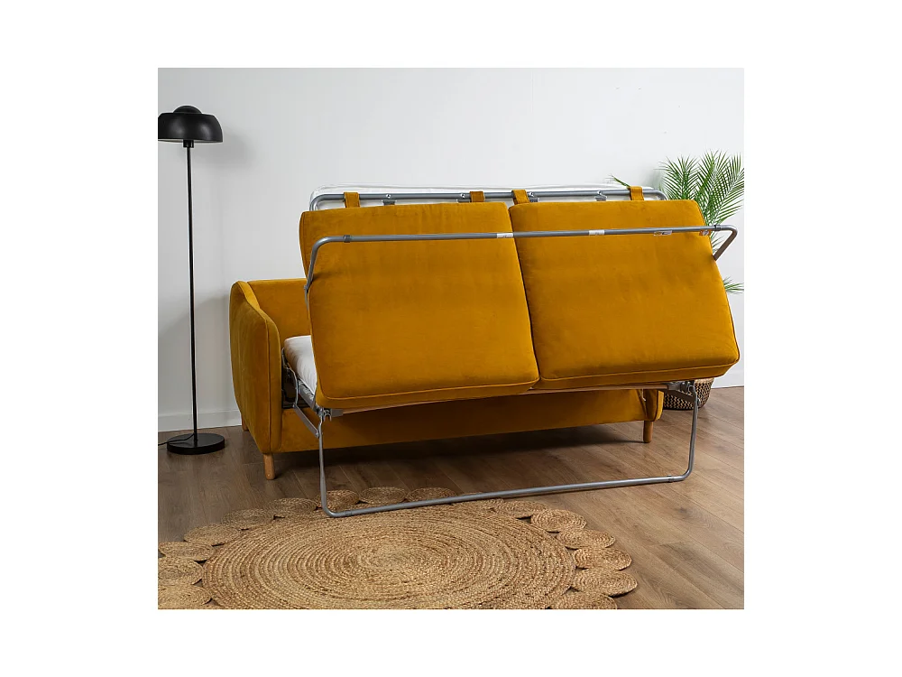 Vornay - Canapé convertible express 2 places en velours - Jaune moutarde