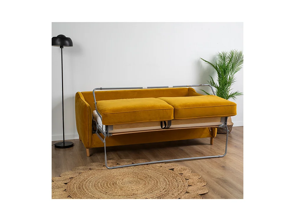 Vornay - Canapé convertible express 2 places en velours - Jaune moutarde