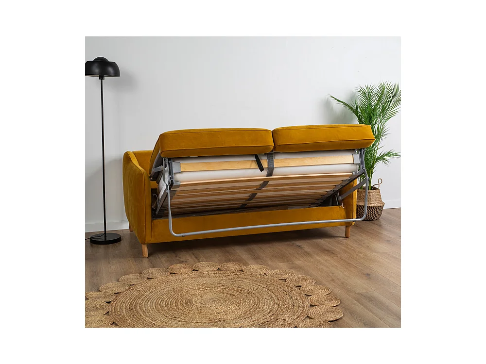 Vornay - Canapé convertible express 2 places en velours - Jaune moutarde
