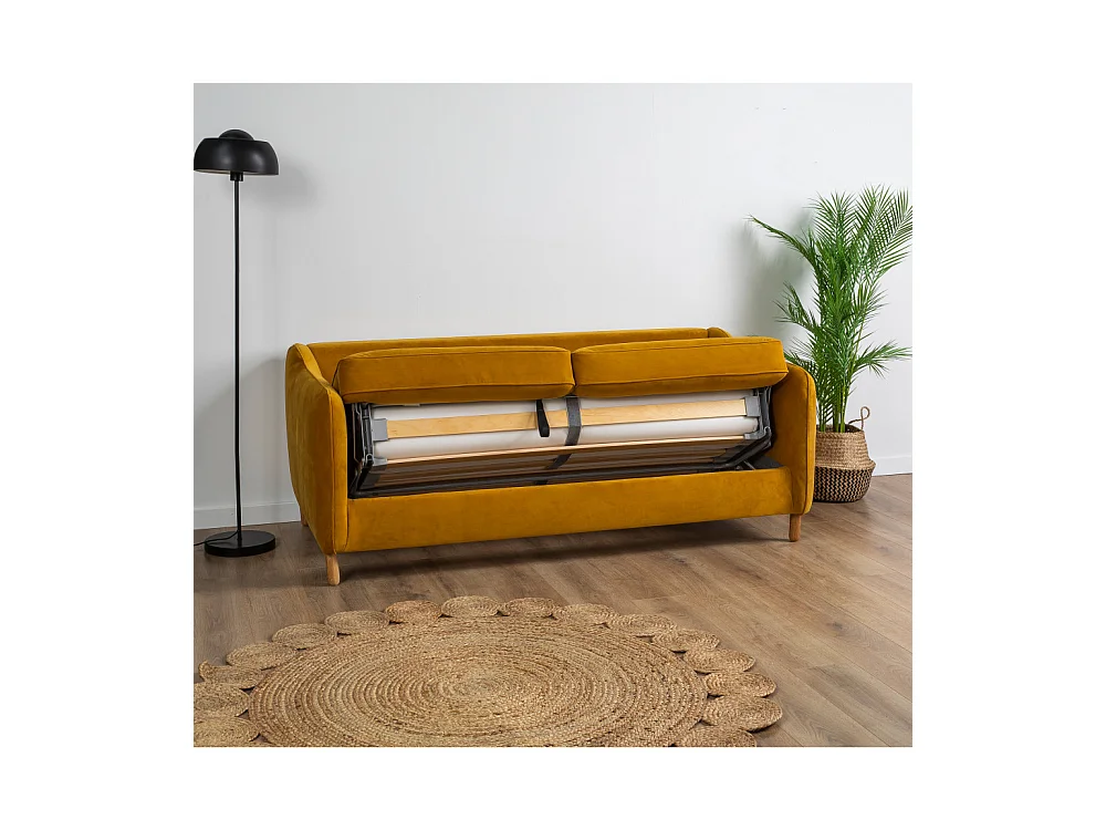 Vornay - Canapé convertible express 2 places en velours - Jaune moutarde