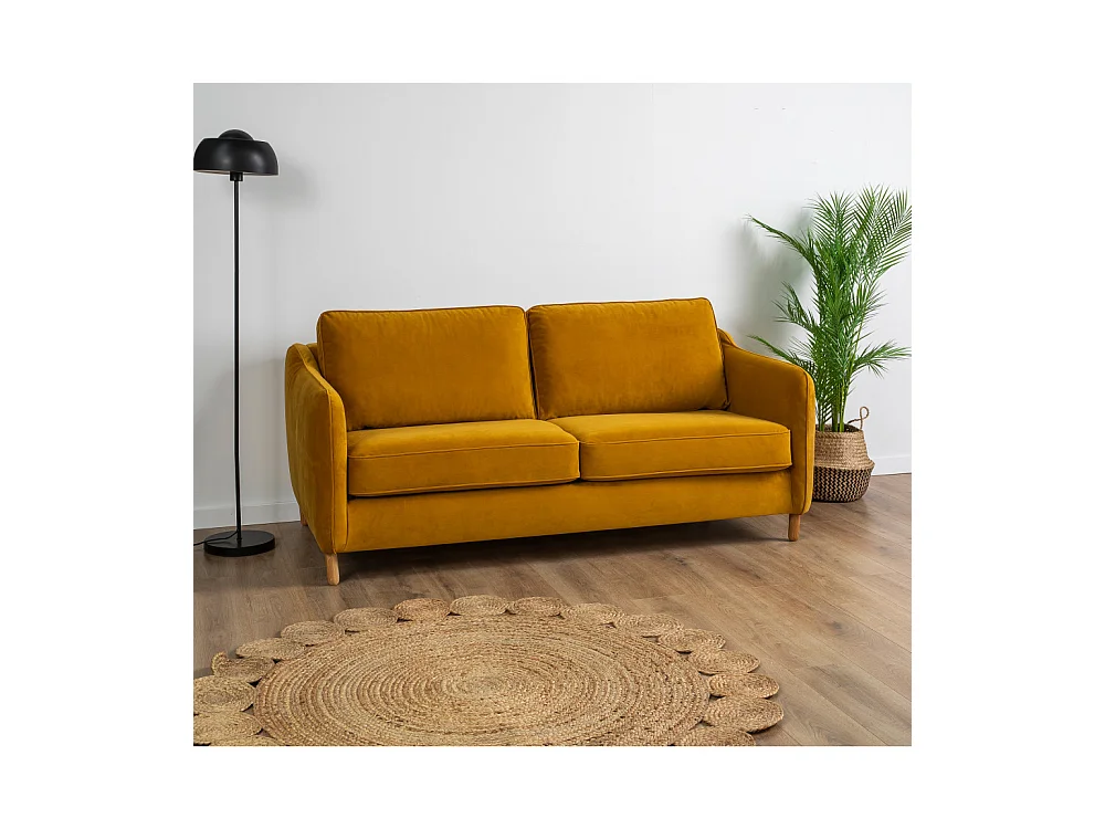 Vornay - Canapé convertible express 2 places en velours - Jaune moutarde
