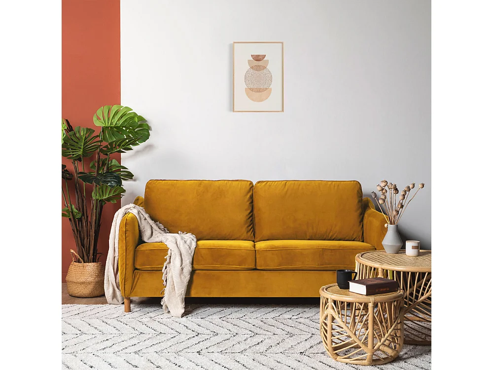 Vornay - Canapé convertible express 2 places en velours - Jaune moutarde