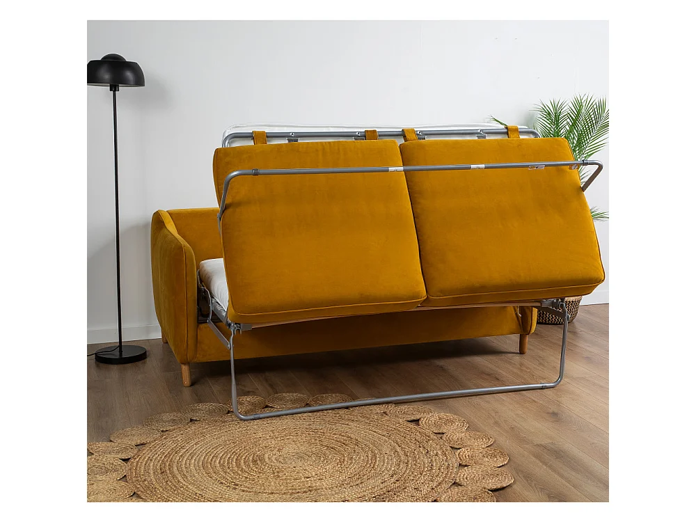 Vornay - Canapé convertible express 2 places en velours - Jaune moutarde