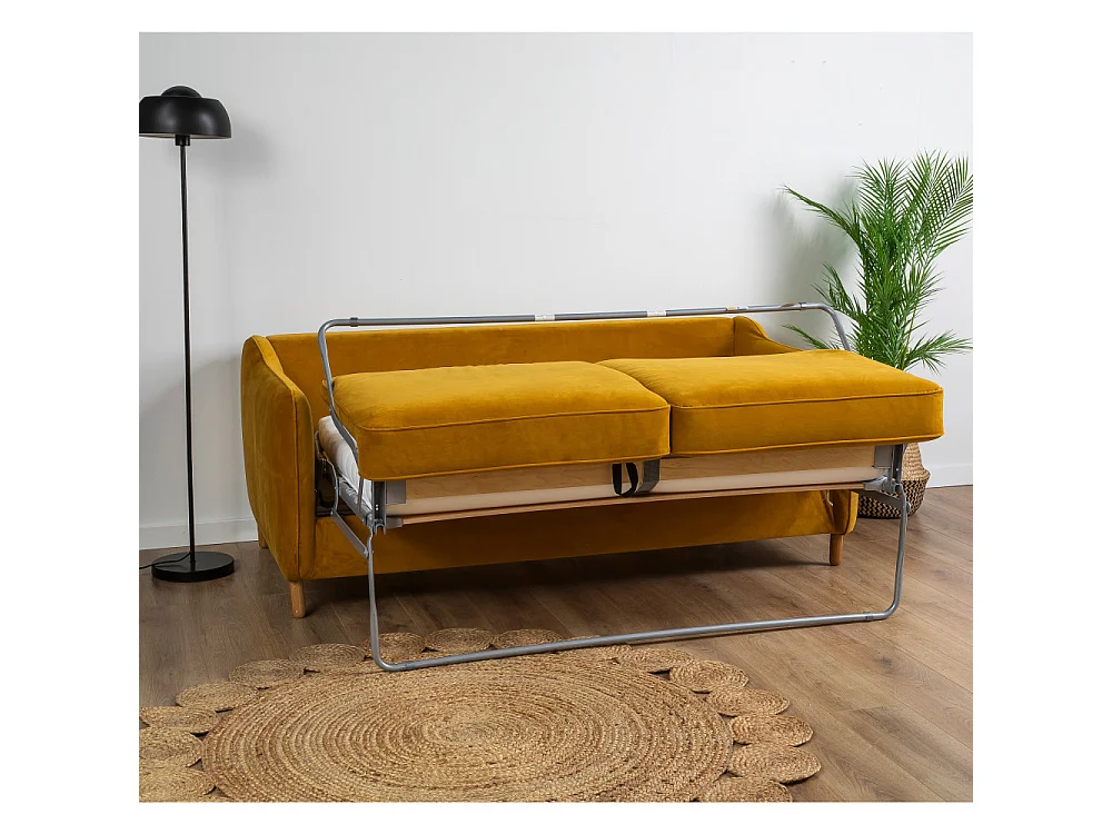 Vornay - Canapé convertible express 2 places en velours - Jaune moutarde