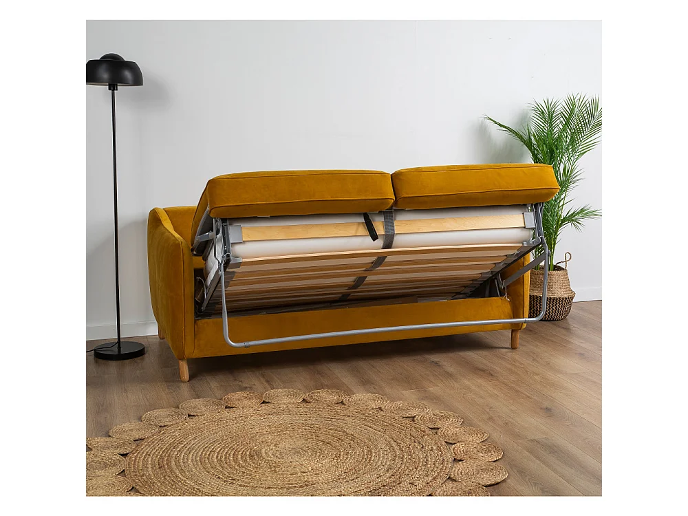 Vornay - Canapé convertible express 2 places en velours - Jaune moutarde