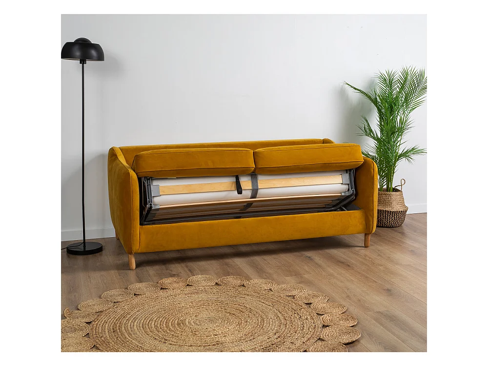 Vornay - Canapé convertible express 2 places en velours - Jaune moutarde
