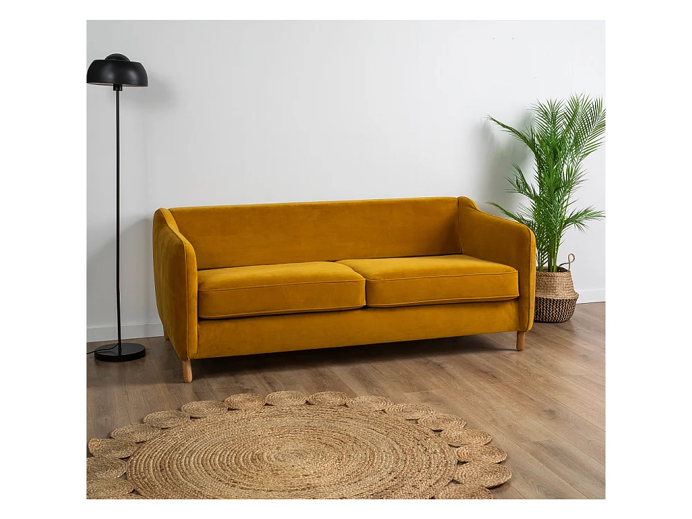 Vornay - Canapé convertible express 2 places en velours - Jaune moutarde