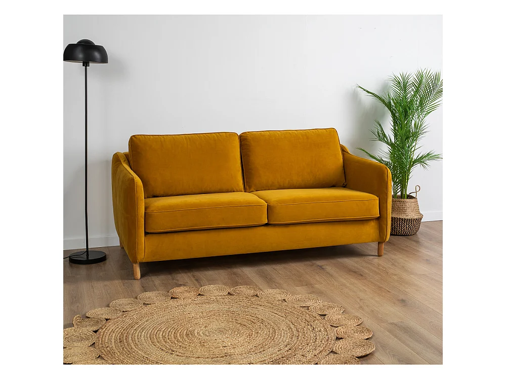 Vornay - Canapé convertible express 2 places en velours - Jaune moutarde
