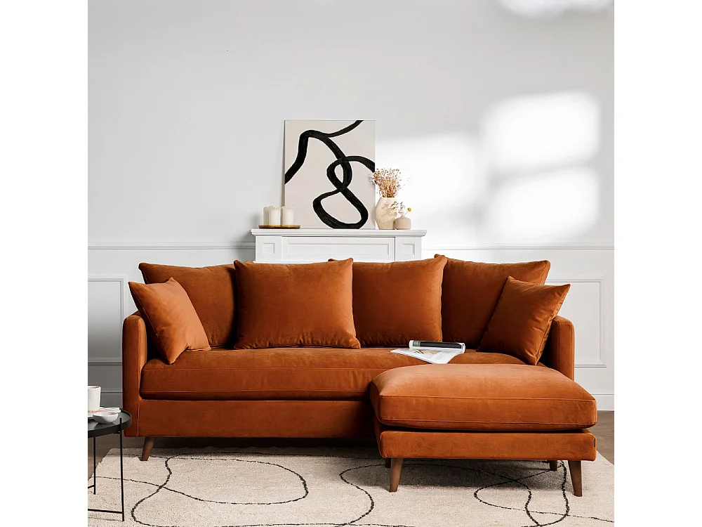 Villabon - Canapé convertible 4 places en velours pieds bois foncé - Rouille