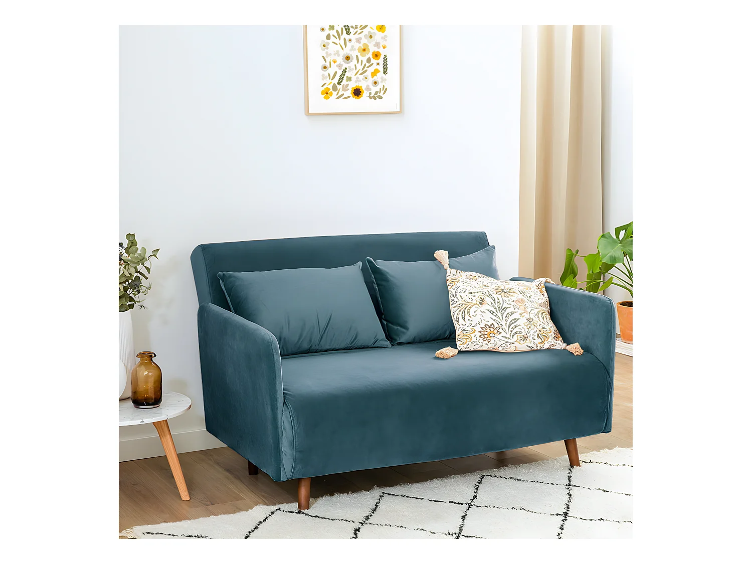 Belushi - Canapé convertible 2 places en velours L120cm - Bleu canard