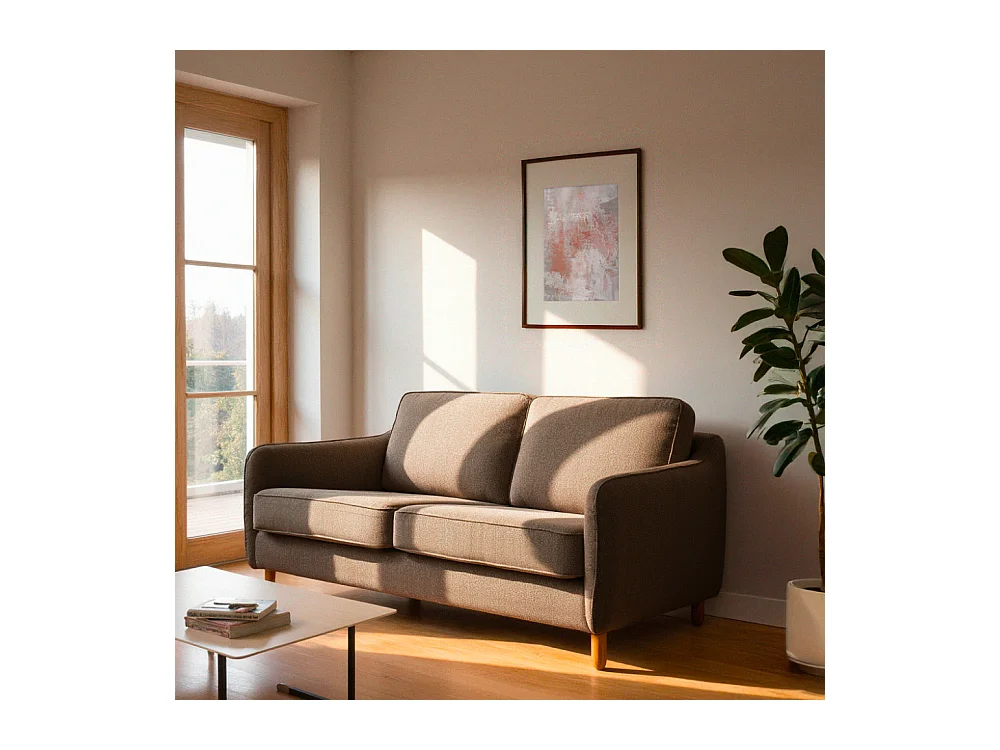 Vornay - Canapé convertible express 3 places en tissu pieds bois foncé - Caramel chiné