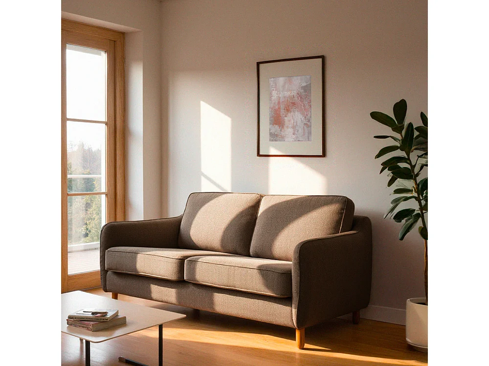 Vornay - Canapé convertible express 3 places en tissu pieds bois foncé - Caramel chiné