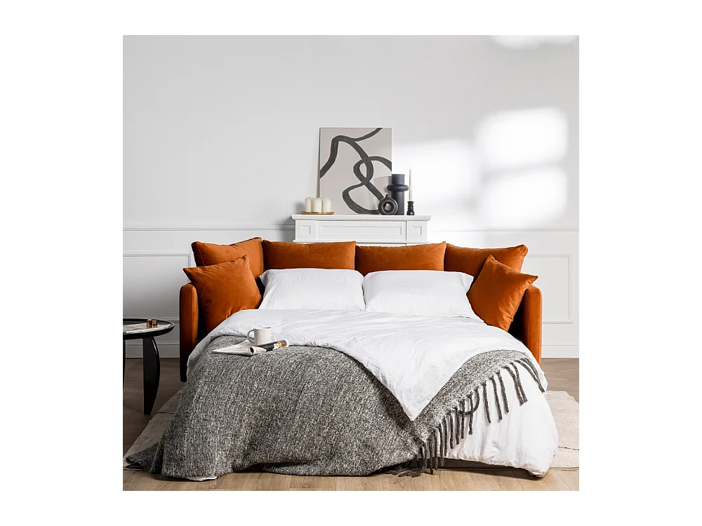 Villabon - Canapé convertible 3 places en velours pieds épingles noirs - Rouille