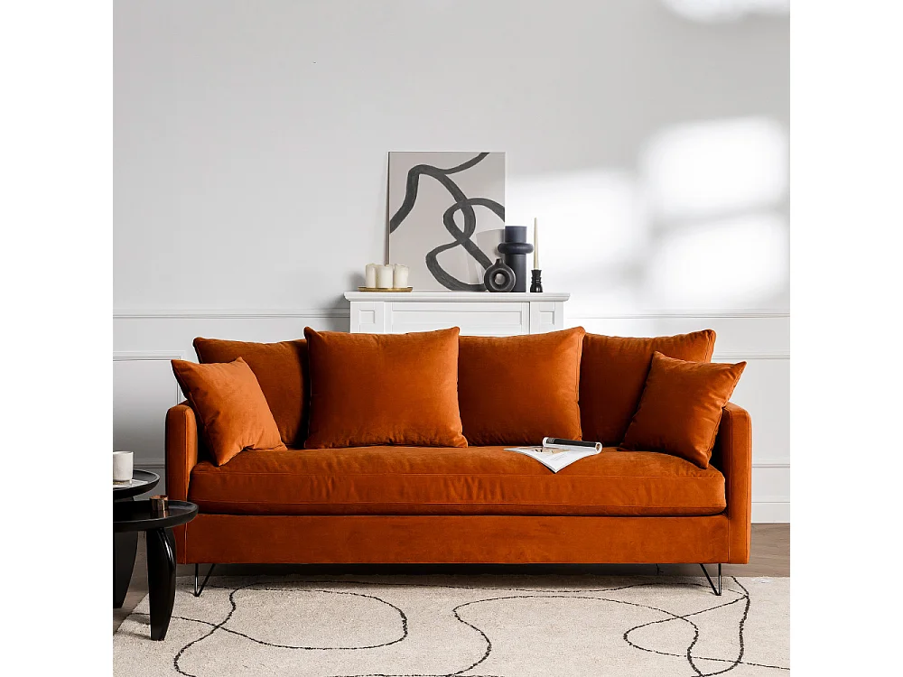 Villabon - Canapé convertible 3 places en velours pieds épingles noirs - Rouille