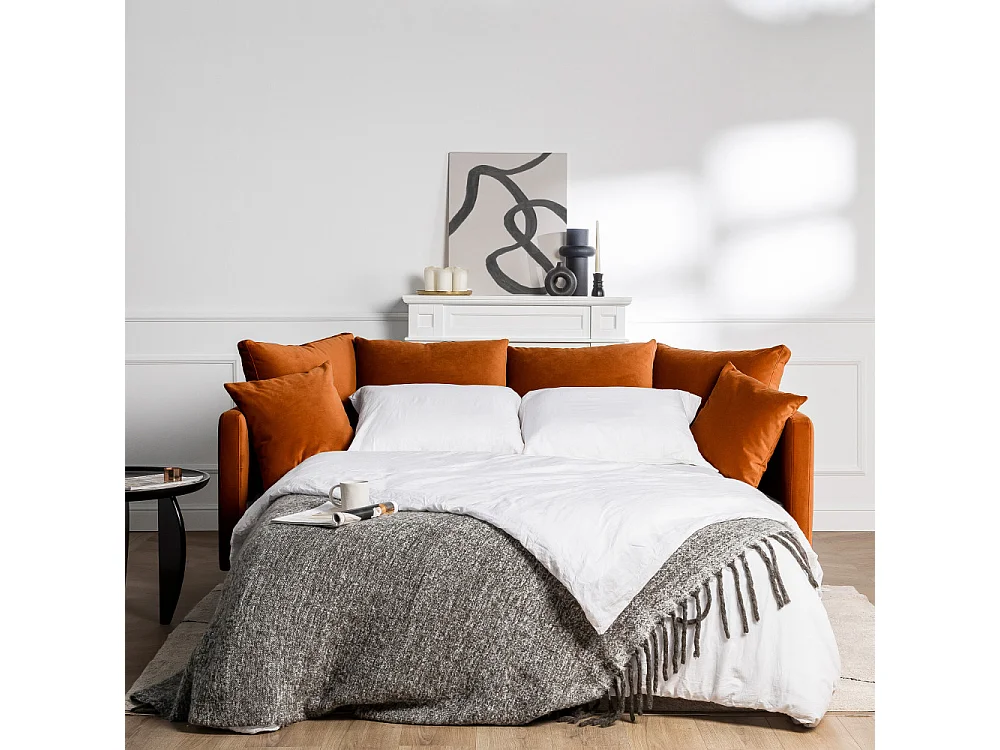 Villabon - Canapé convertible 3 places en velours pieds épingles noirs - Rouille