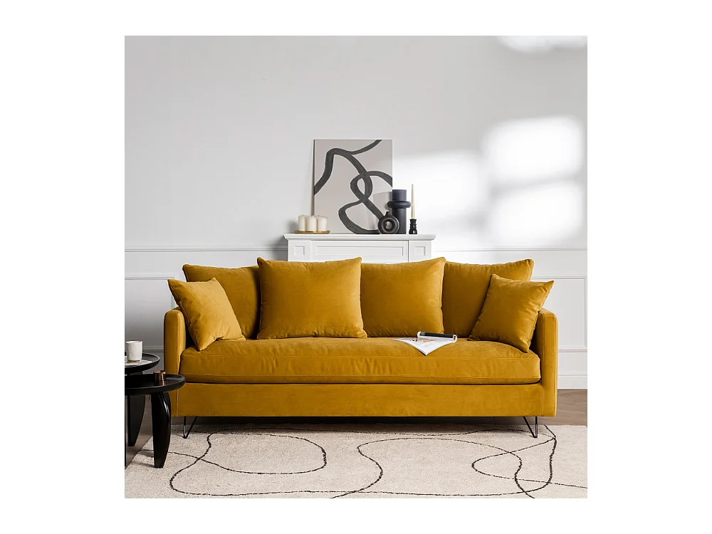 Villabon - Canapé convertible 3 places en velours pieds épingles noirs - Jaune moutarde