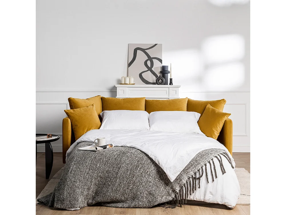 Villabon - Canapé convertible 3 places en velours pieds épingles noirs - Jaune moutarde