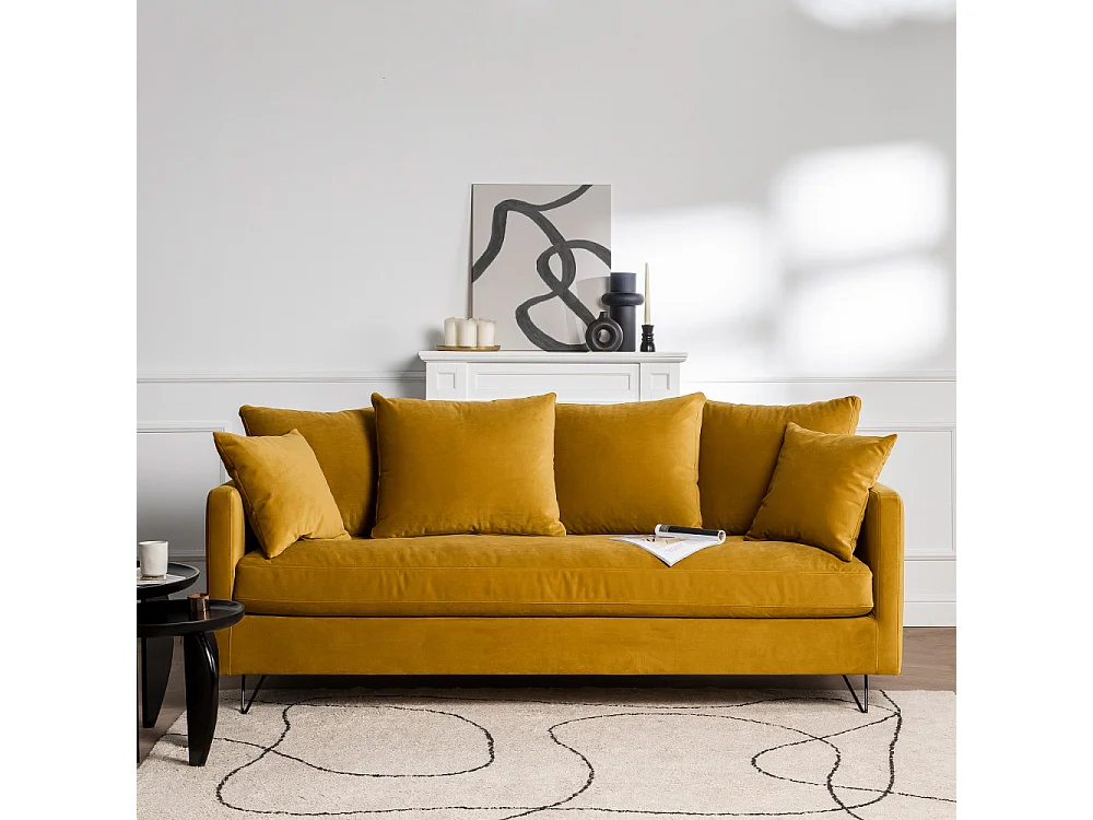 Villabon - Canapé convertible 3 places en velours pieds épingles noirs - Jaune moutarde