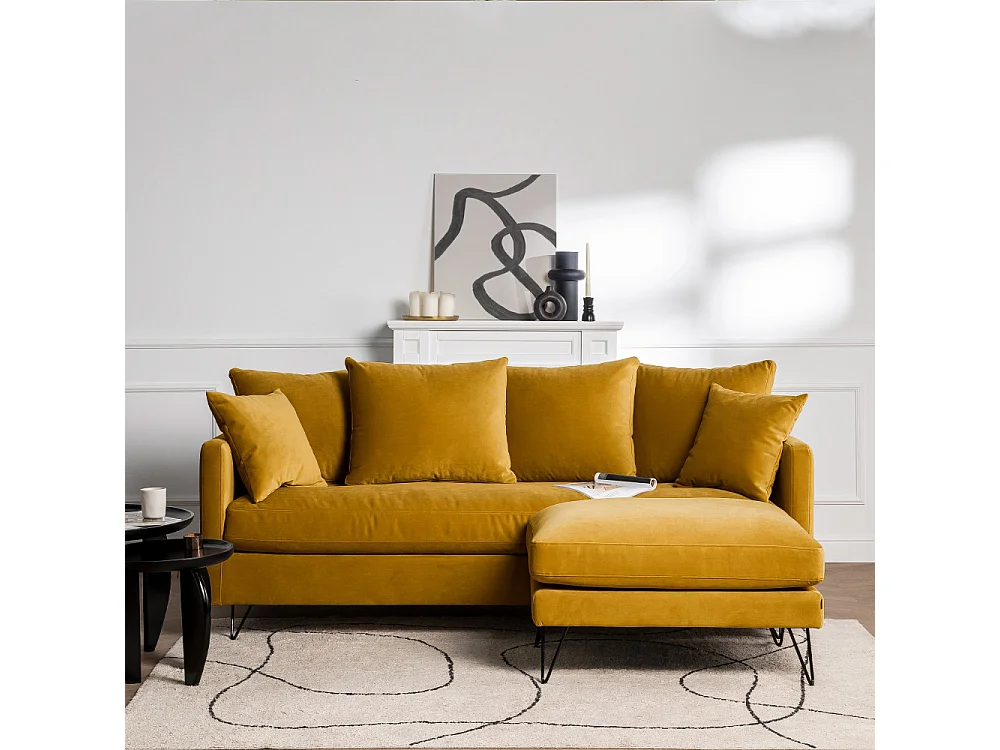 Villabon - Canapé convertible 3 places en velours pieds épingles noirs - Jaune moutarde