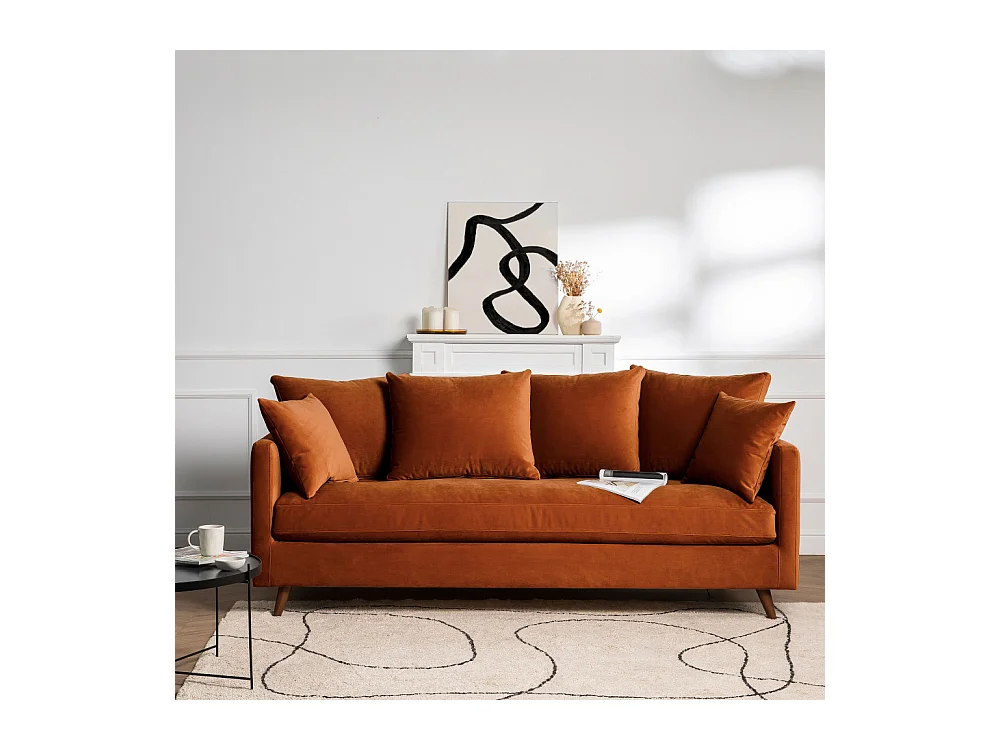 Villabon - Canapé convertible 3 places en velours pieds bois foncé - Rouille