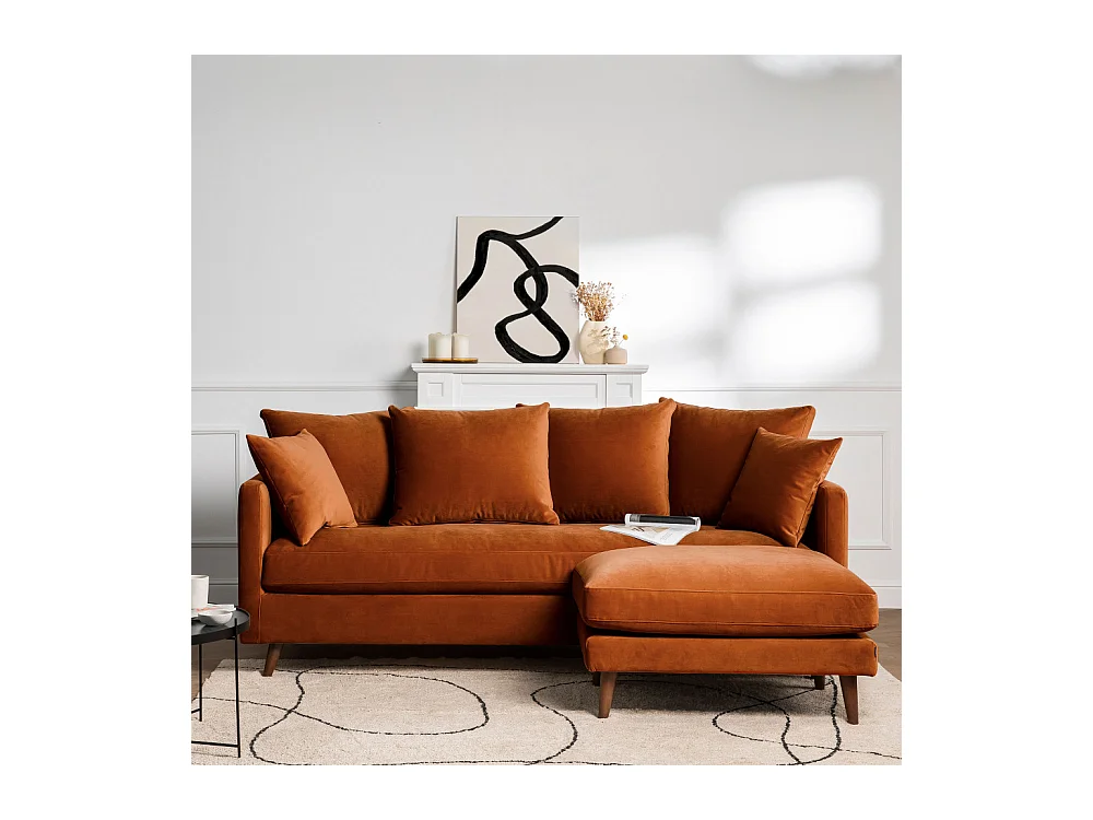 Villabon - Canapé convertible 3 places en velours pieds bois foncé - Rouille