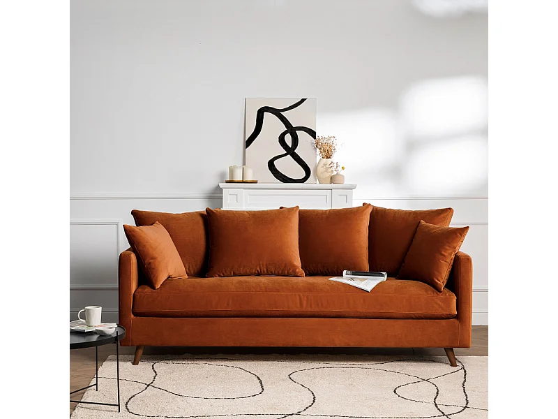 Villabon - Canapé convertible 3 places en velours pieds bois foncé - Rouille