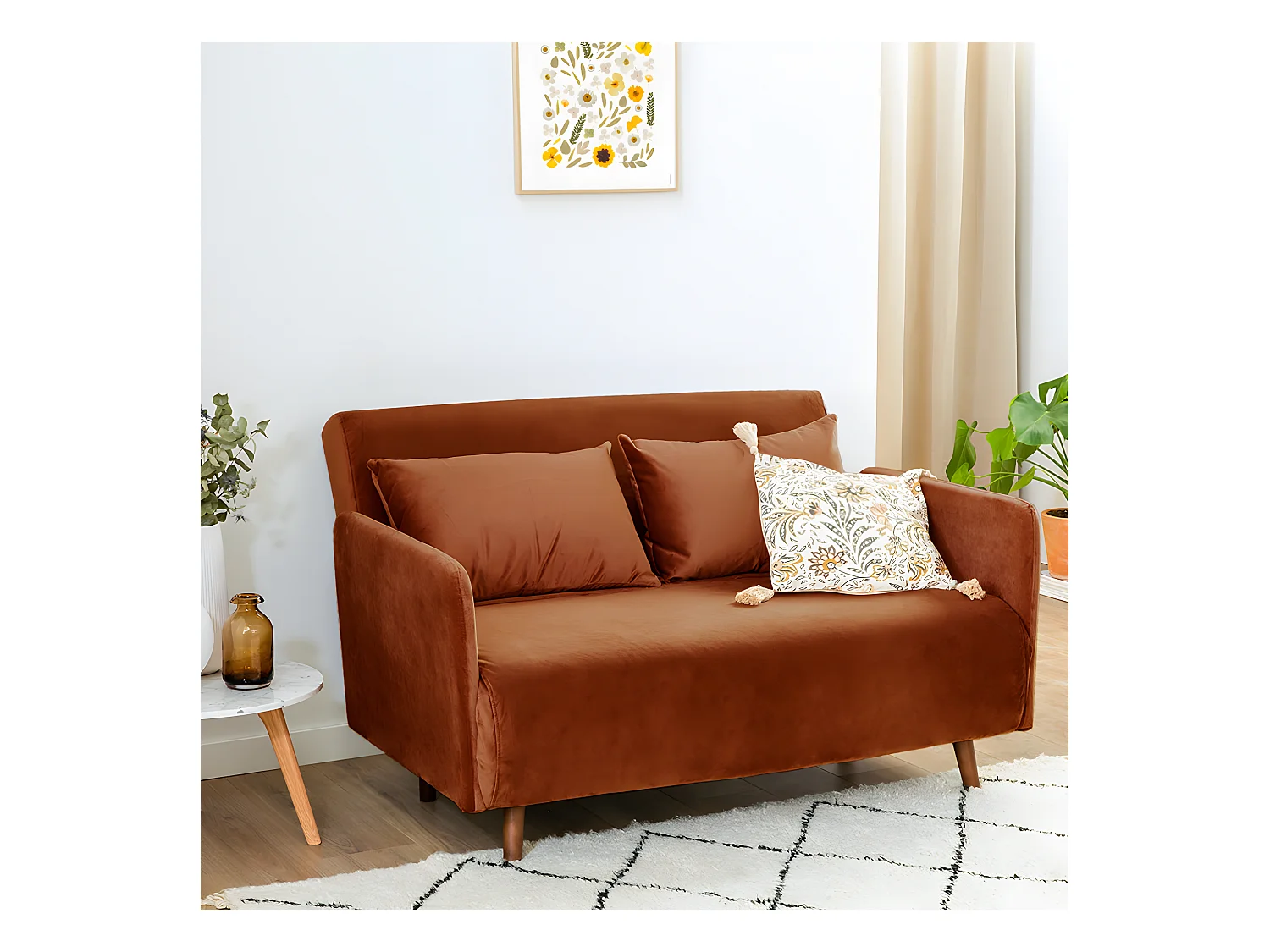 Belushi - Canapé convertible 2 places en velours L120cm - Rouille